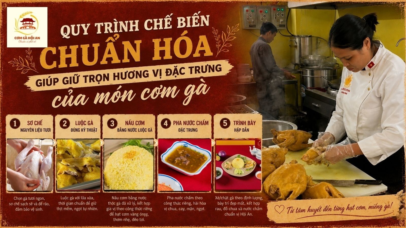 Quy trình chế biến chuẩn hóa giúp giữ trọn hương vị đặc trưng của món cơm gà 